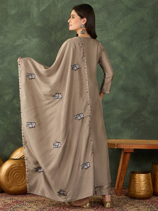 Chiku Color Vichitra Silk Fabric Designer Embroidery Work Graceful Partywear Suit