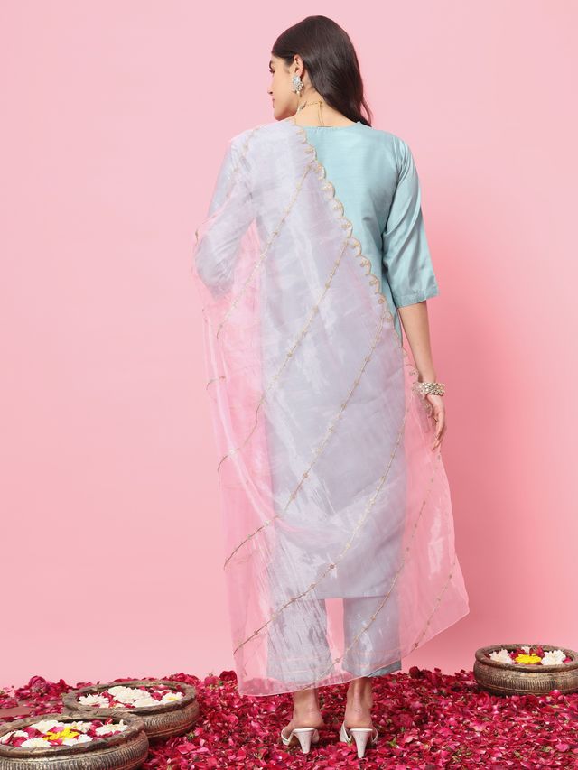Sky Blue Color Silk Blend Ethnic Fancy Partywear Suit With Classy Looks