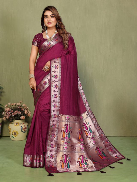 Wine Color Paithani Silk Fabric Paithani Woven Gala Designer Saree