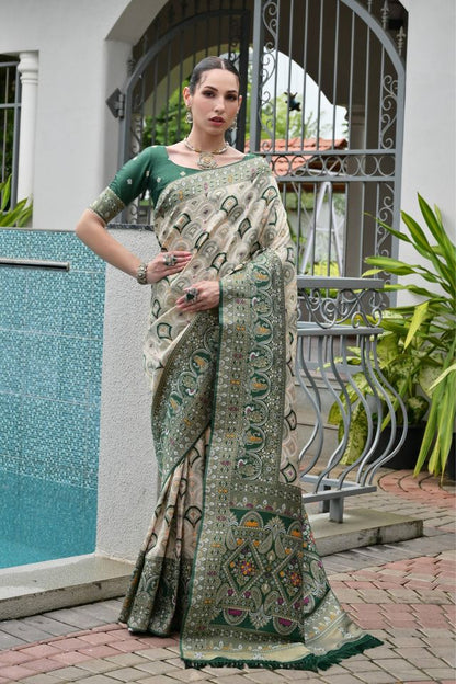 Green Color Beautiful Woven Designer Partywear Saree