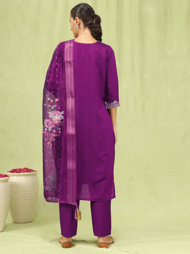 Purple Color Viscose Roman Silk Fabric Designer Embroidered Suit
