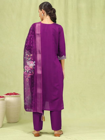 Purple Color Viscose Roman Silk Fabric Designer Embroidered Suit