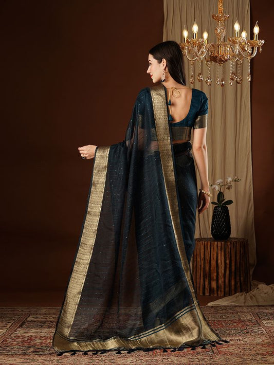 Nevy Blue Color Girlie Organza Fabric Woven Jacquard Designer Saree