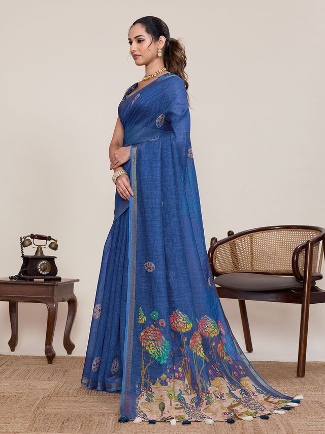Blue Color Linen Silk Fabric Ethnic Partywear Saree