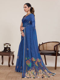 Blue Color Linen Silk Fabric Ethnic Partywear Saree