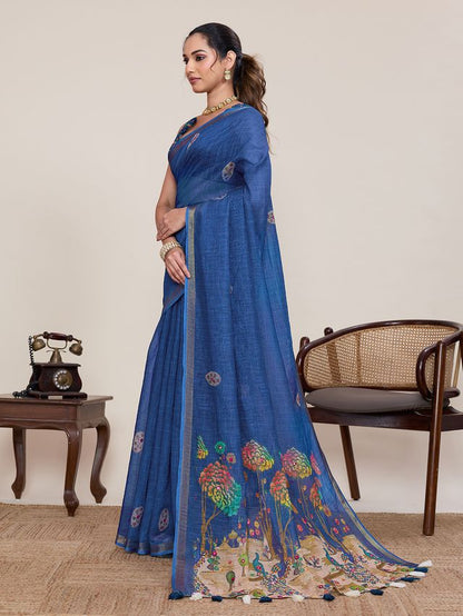 Blue Color Linen Silk Fabric Ethnic Partywear Saree