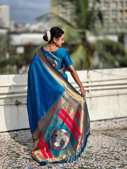 Rama Color Soft Silk Fabric Woven Paithani Designer Cultural Rich Saree