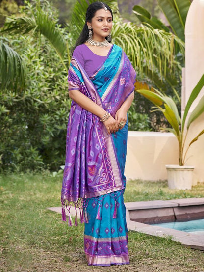 Rama Blue Color Pochampalli Silk Fabric Ethnic Woven Designer Partywear Saree