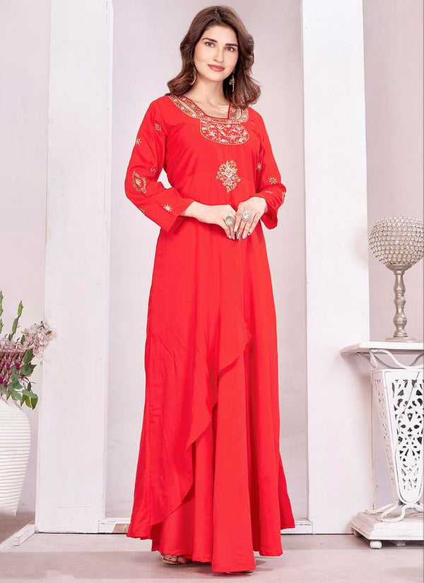 Red Color Beautiful Embroidered Ceremonial Gown For Classy Looks