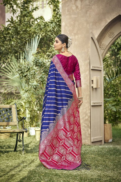 Blue Color Banarasi Silk Fabric Ethnic woven Designer Saree