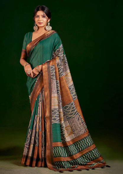 Rama Color Gathan Silk Fabric Designer Digital Printed Partywear Saree