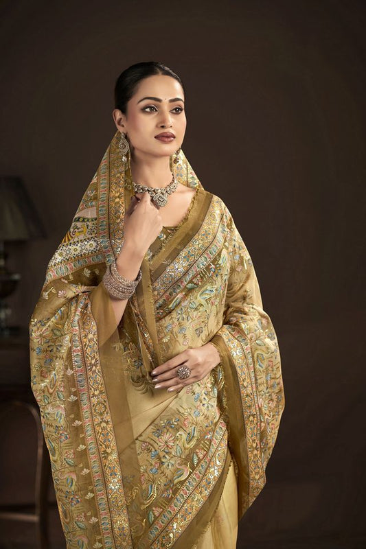 Beige Color Crepe Silk Fabric Designer Foil Printed Saree