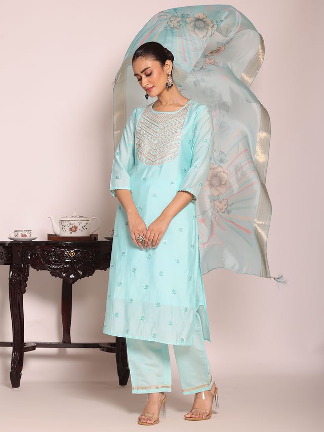 Sea Green Color Beautful Poly Silk Fabric Stylish Partywear Attire For Girls