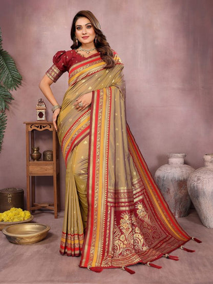 Beige Color Handloom Silk Fabric Jacquard Weaving Designer Partywear Saree