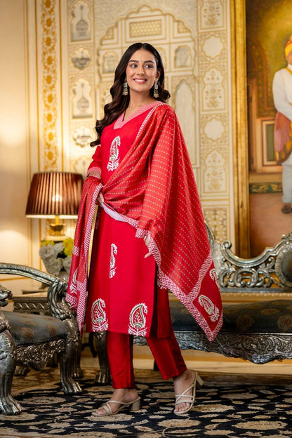 Red Color Rayon Fabric Ceremonial Readymade Kurta Set with Dupatta