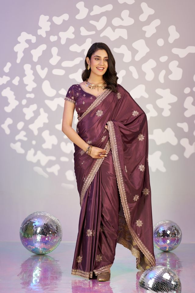 Purple Color Crepe Fabric Embroidery Work Ready To Wear Saree