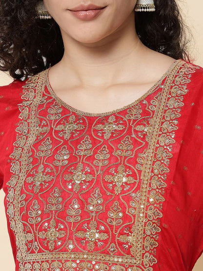 Red Color Chanderi Modal Fabric With Beautiful Embroidered Work Fancy Looks