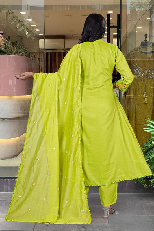 Green Color Chanderi Silk Fabric Ceremonial Readymade Kurta Set with Dupatta
