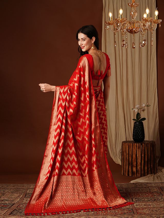 Red Color Beautiful Woven Ethnic Georgette Fabric Ceremonial Saree