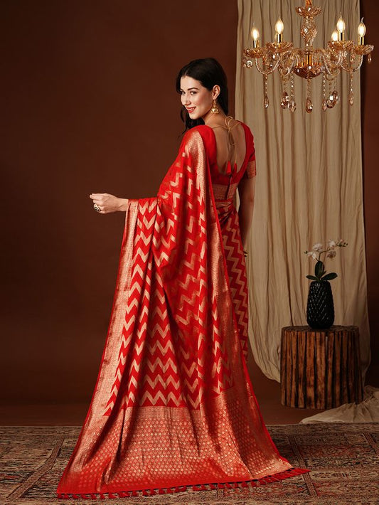 Red Color Beautiful Woven Ethnic Georgette Fabric Ceremonial Saree