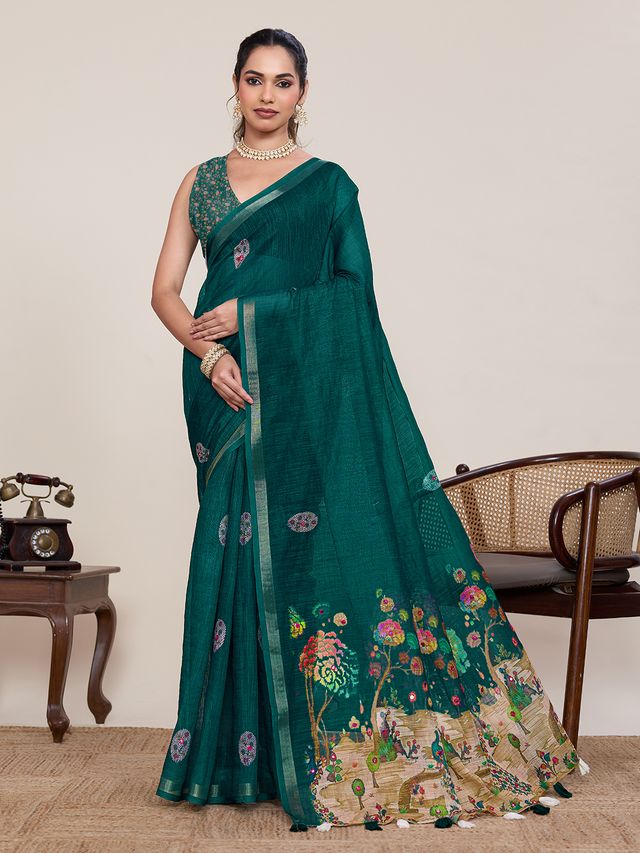 Rama Color Linen Silk Fabric Ethnic Partywear Saree