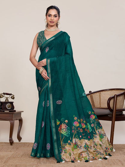 Rama Color Linen Silk Fabric Ethnic Partywear Saree