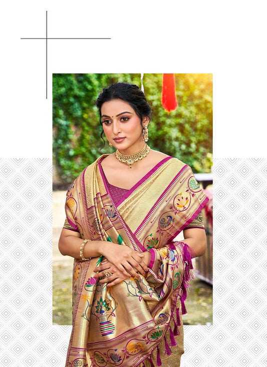 Beige Color Silk Blended Woven Designer Ethnic Partywear Saree