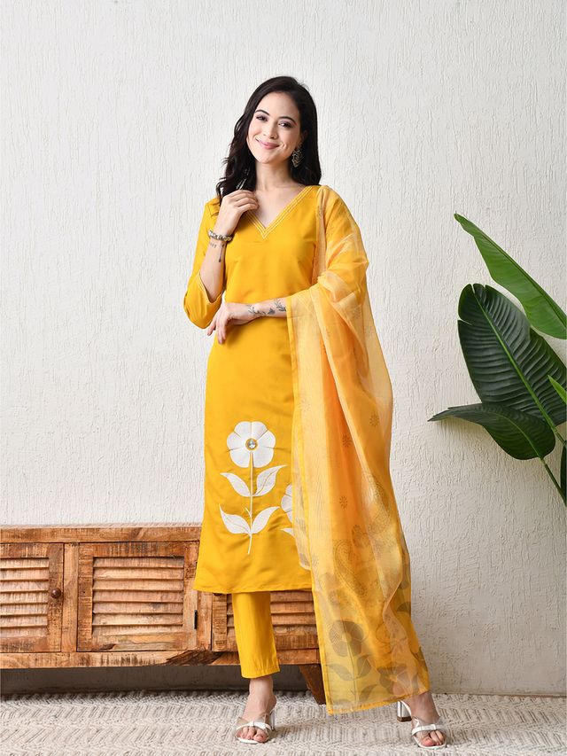 Yellow Color Roman Silk Fabric Designer Partywear Readymade Suit