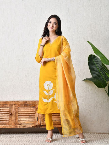Yellow Color Roman Silk Fabric Designer Partywear Readymade Suit