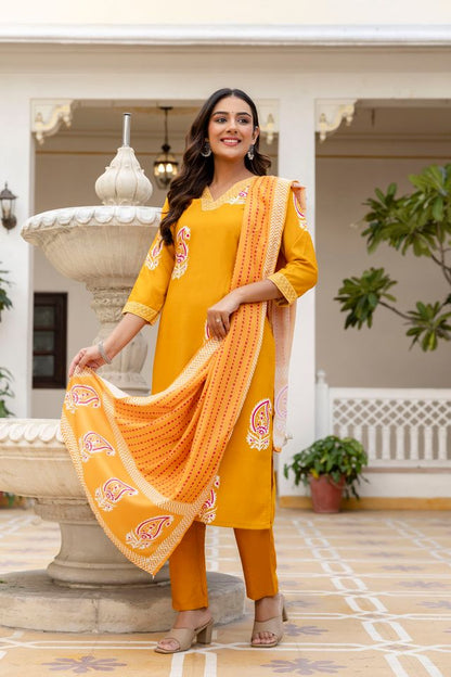 Yellow Color Rayon Fabric Ceremonial Readymade Kurta Set with Dupatta
