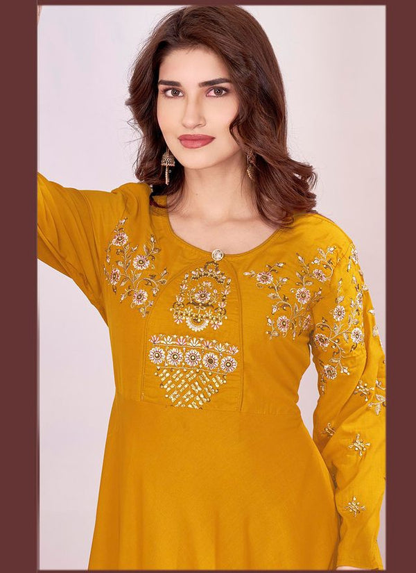 Yellow Color Beautiful Embroidered Ceremonial Gown For Classy Looks
