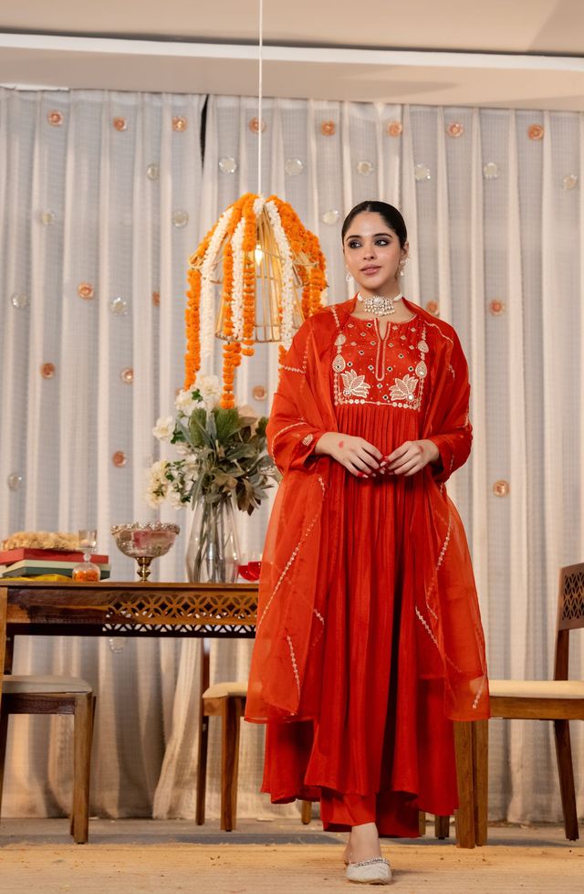 Orange Color Chanderi Fabric Designer Embroidered Readymade Suit
