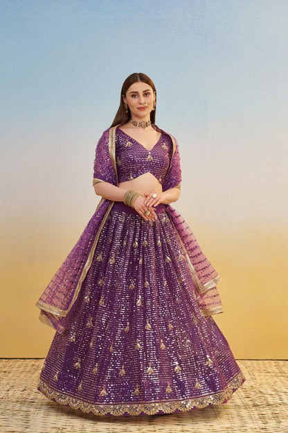 Dark Purple Heavy Embroidery Net Semi Stitch A Line Lehenga With Blouse