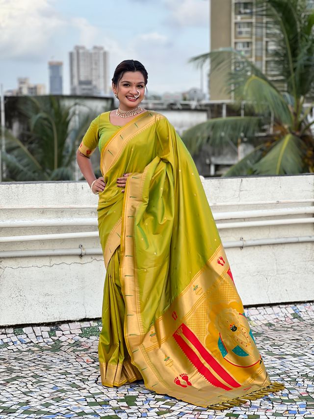 Mahendi Color Soft Silk Fabric Woven Paithani Designer Cultural Rich Saree