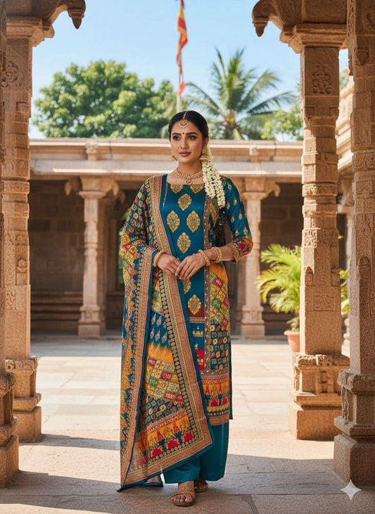 Firozi Color Chinon Fabric Designer Printed Ethnic Ceremonial Suit