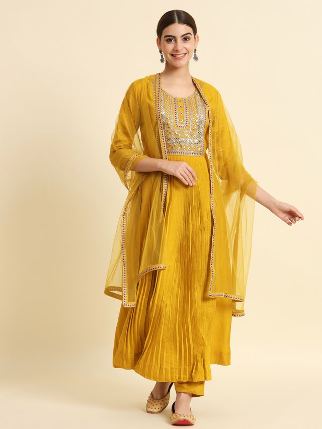 Sequence Embroidered Plating Work Mustard Yellow Pure Chanderi Silk Flare Kurta With Pant & Dupatta Set