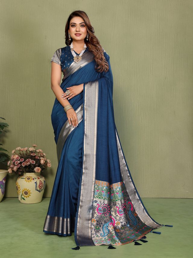 Blue Color Paithani Silk Fabric Paithani Woven Gala Designer Saree