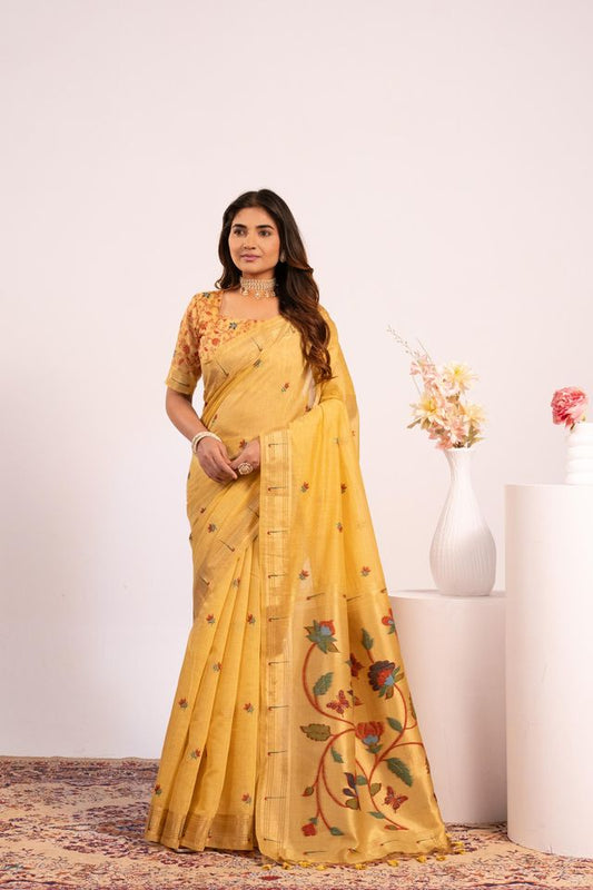 Yellow Color Muga Cotton Fabric Paithani Weaving Designer Partywear Saree