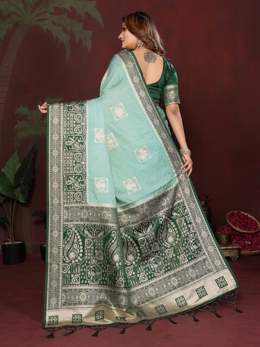 Sea Green Color Satin Silk Fabric Woven Jari Designer Graceful Partywear Saree