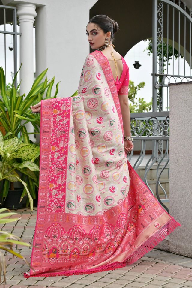 Pink Color Beautiful Woven Designer Partywear Saree
