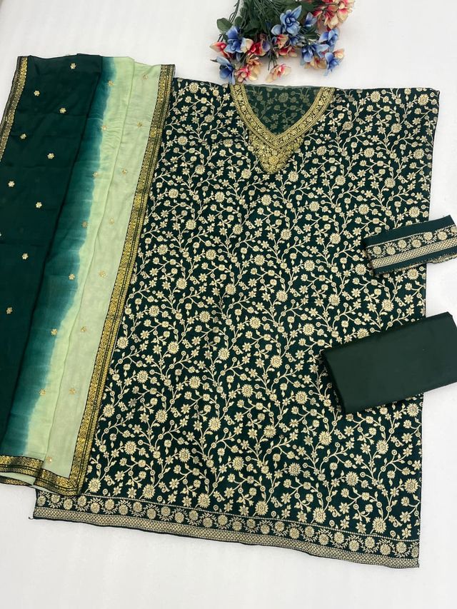 Peacock Green Dola Silk Semi stitched Wedding Suits