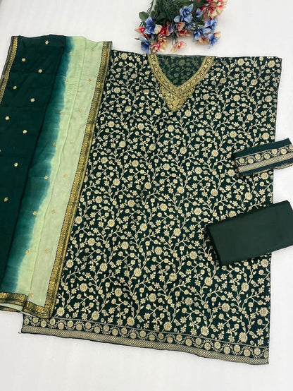 Peacock Green Dola Silk Semi stitched Wedding Suits