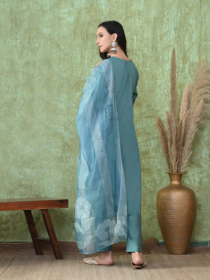 Teal Color Roman Silk Fabric Designer Partywear Readymade Suit