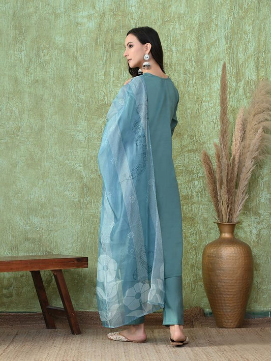 Teal Color Roman Silk Fabric Designer Partywear Readymade Suit