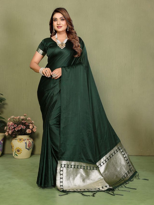 Green Color Satin Silk Fabric Ethnic Woven Lagdi Pallu Designer Saree