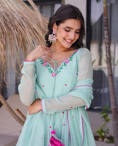Sea Green Color Beautiful Readymade Dress On Georgette Fabric For Graceful Girlie Looks