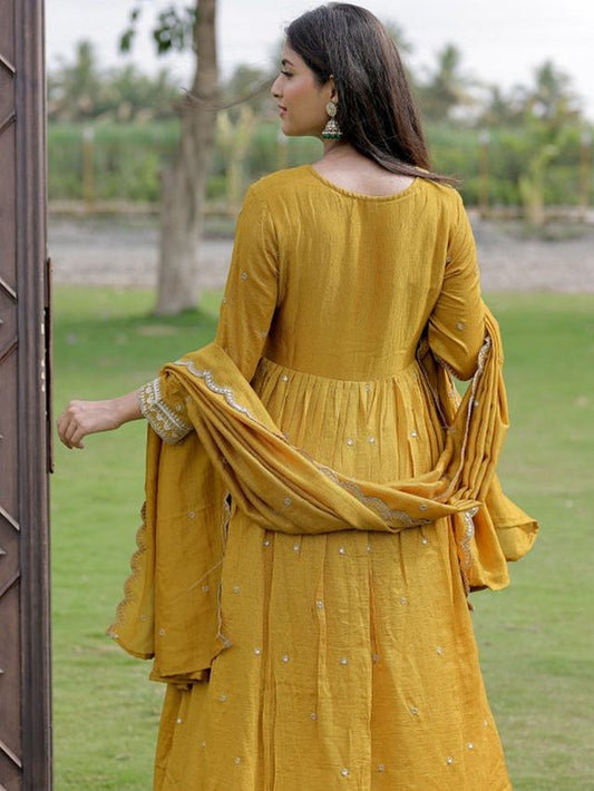 Mustard Color Viscose Silk Fabric Designer Embroidery Work Graceful Partywear Suit