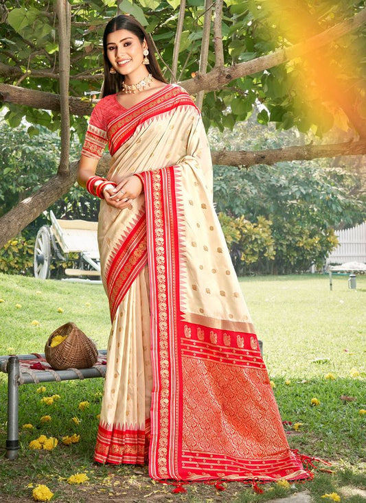 Cream Color Beautiful Woven Designer Soft Silk Fabric Saree