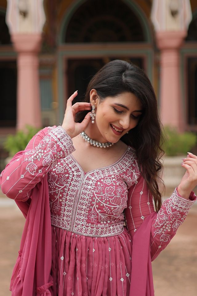 Pink Color Faux Georgette Fabric Beautiful Ceremonial Suit With Dupatta