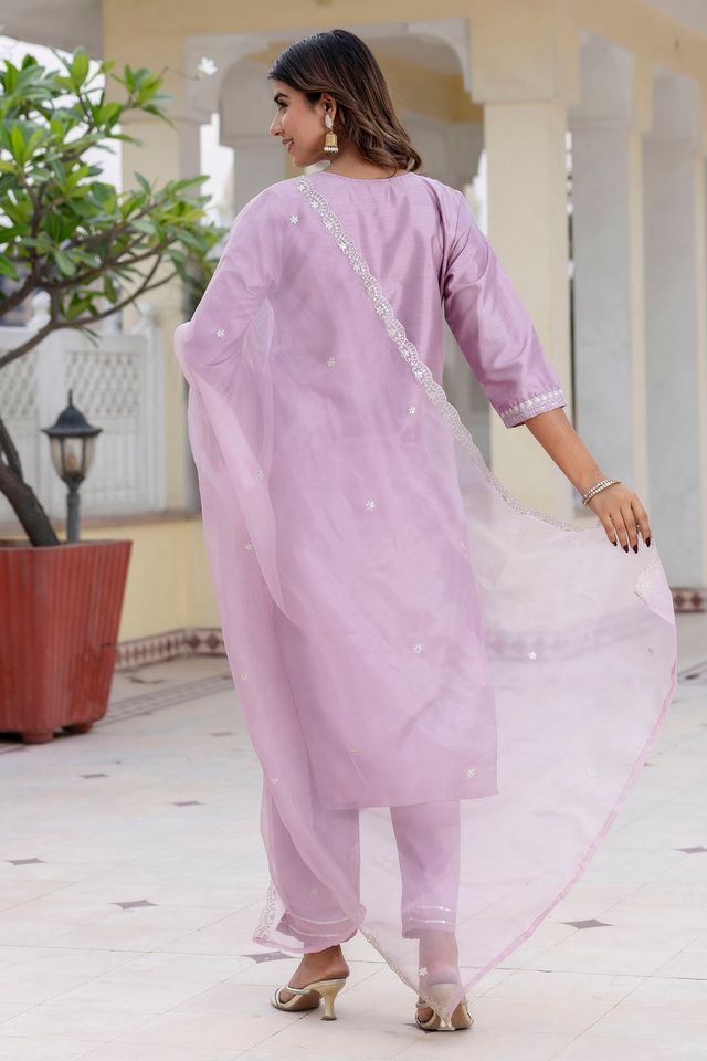 Lavender Color Designer Embroidered Silk Blend Ethnic Festive Special Suit
